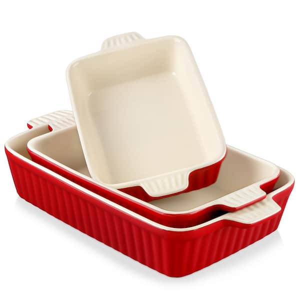 3-Piece Red Rectangular Porcelain Baking Dish Set with Handles Lasagna Casserole Bakeware (11.1 in. +12.2 in. +14.7 in.)
