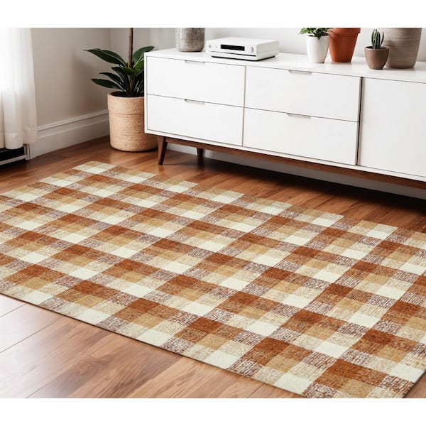 4 ft. x 6 ft. Orange Beige And Brick Red Wool Plaid Hand Tufted Area Rug