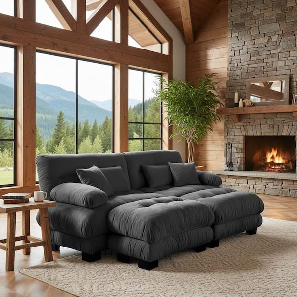 MINH 94.4 in. Pillow Arm 4-piece Chenille Modular Sectional Sofa with Deep Seat and 2 Movable Ottomans in. Slate Gray