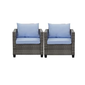2-Piece Blue Wicker Outdoor Furniture Rattan Sofa Set Patio Conversation with Cushions