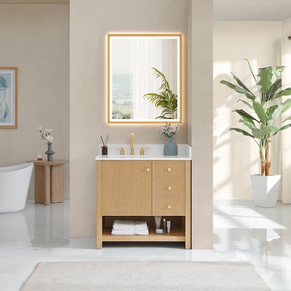 Cecil 36 in. Single Freestanding White Oak Bath Vanity with Grain White Engineered Stone Top Assembled