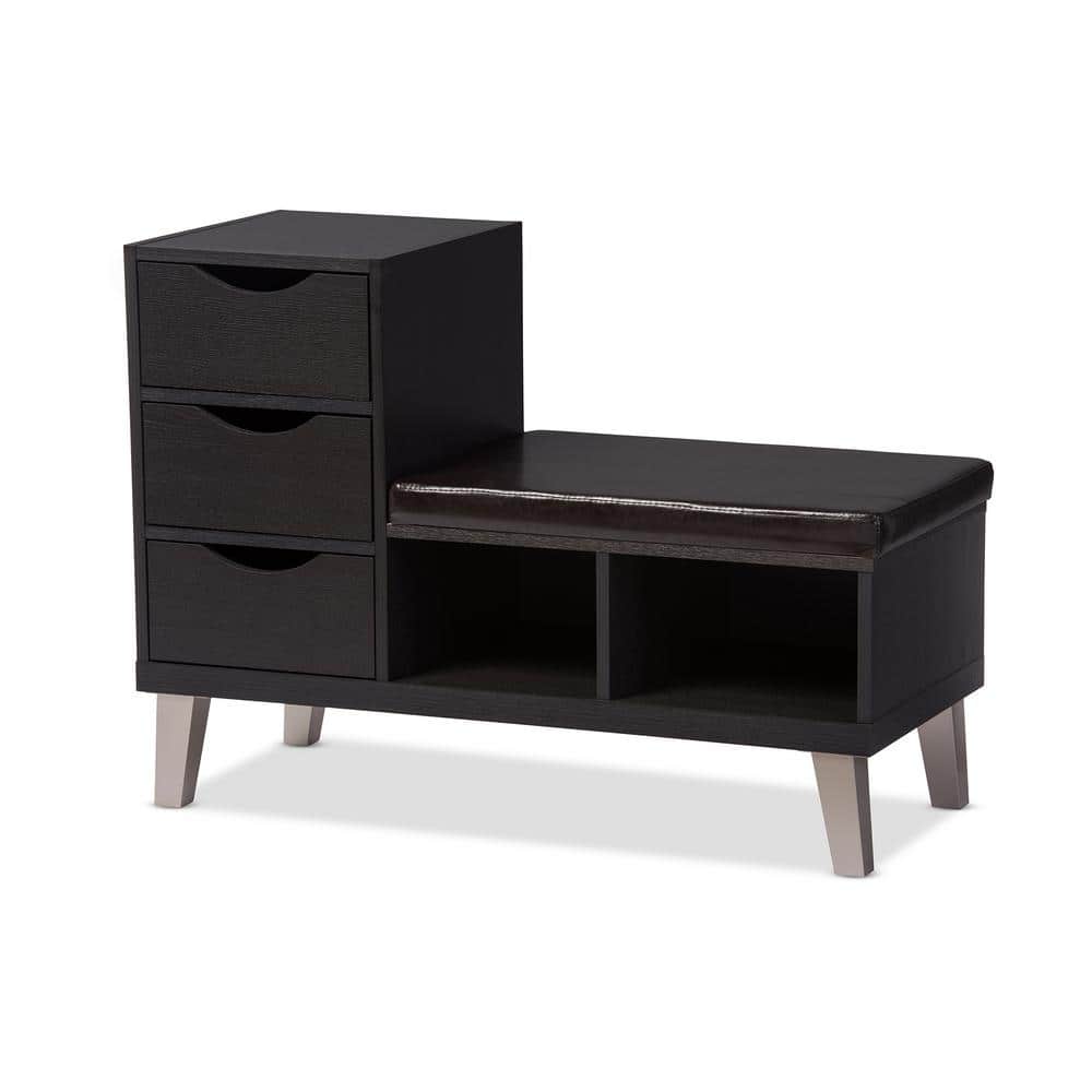 Arielle Modern 3-Drawer Dark Brown Bench with Padded Seating and Storage Shelves