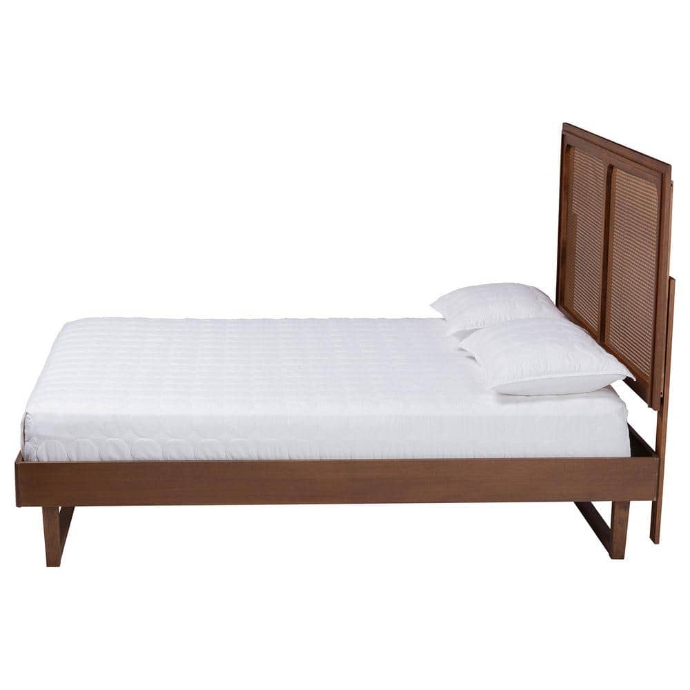 Walnut Brown Queen Wood Frame Upholstered Bed with Rattan Headboard