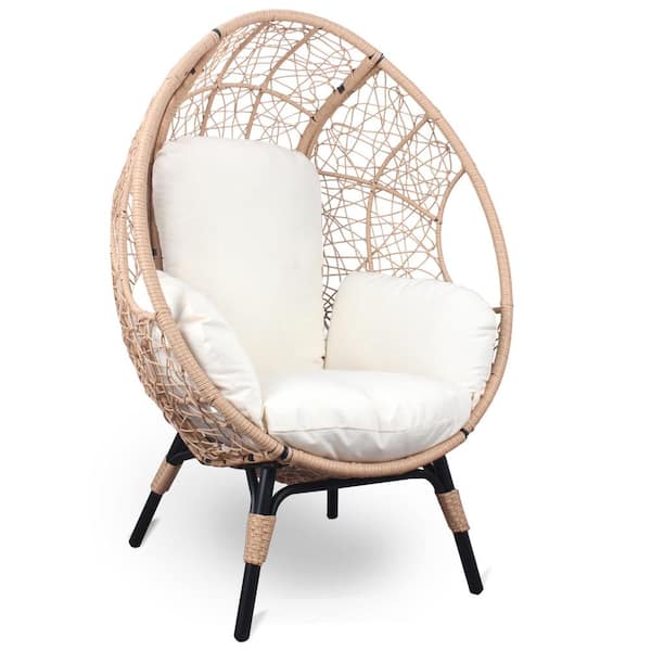 Unbranded Patio Outdoor Indoor PE Wicker Egg Chair Lounge Chair with Natural Color Rattan Beige Cushion