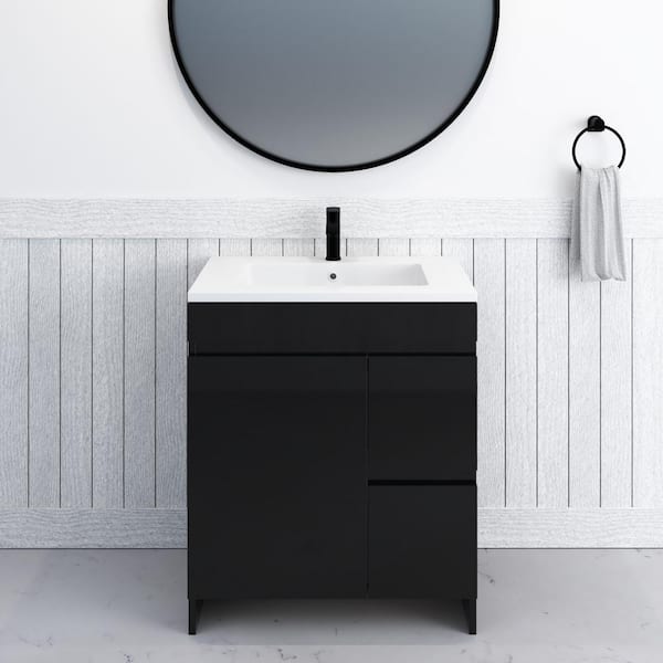 VOLPA USA AMERICAN CRAFTED VANITIES Mace 30 in. W x 20 D Single Sink Bathroom Vanity Right Side Drawers In Glossy Black With Acrylic Integrated Countertop