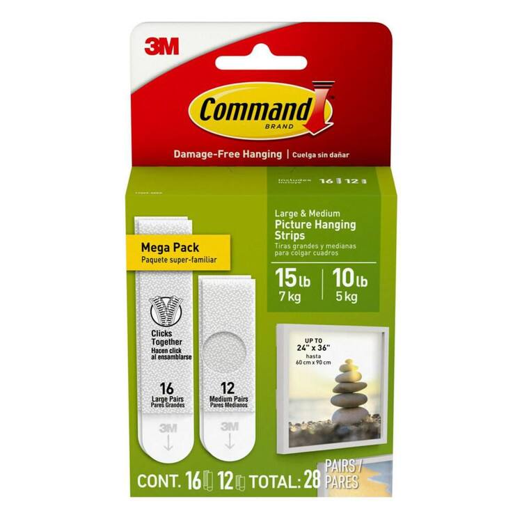 Command Medium and Large Picture Hanging Strips, White, Damage Free Decorating, 12 Medium Pairs and 16 Large Pairs