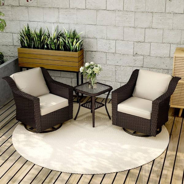 JOYSIDE 3-Piece Stylish Wicker Patio Swivel Chair Outdoor Rocking Chair Set with Thick Beige Cushions and Table