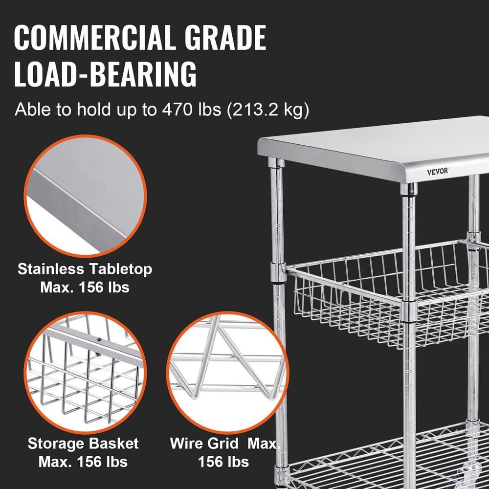 Silver 3-Tier Steel Utility Cart with Adjustable Shelves and Wheels