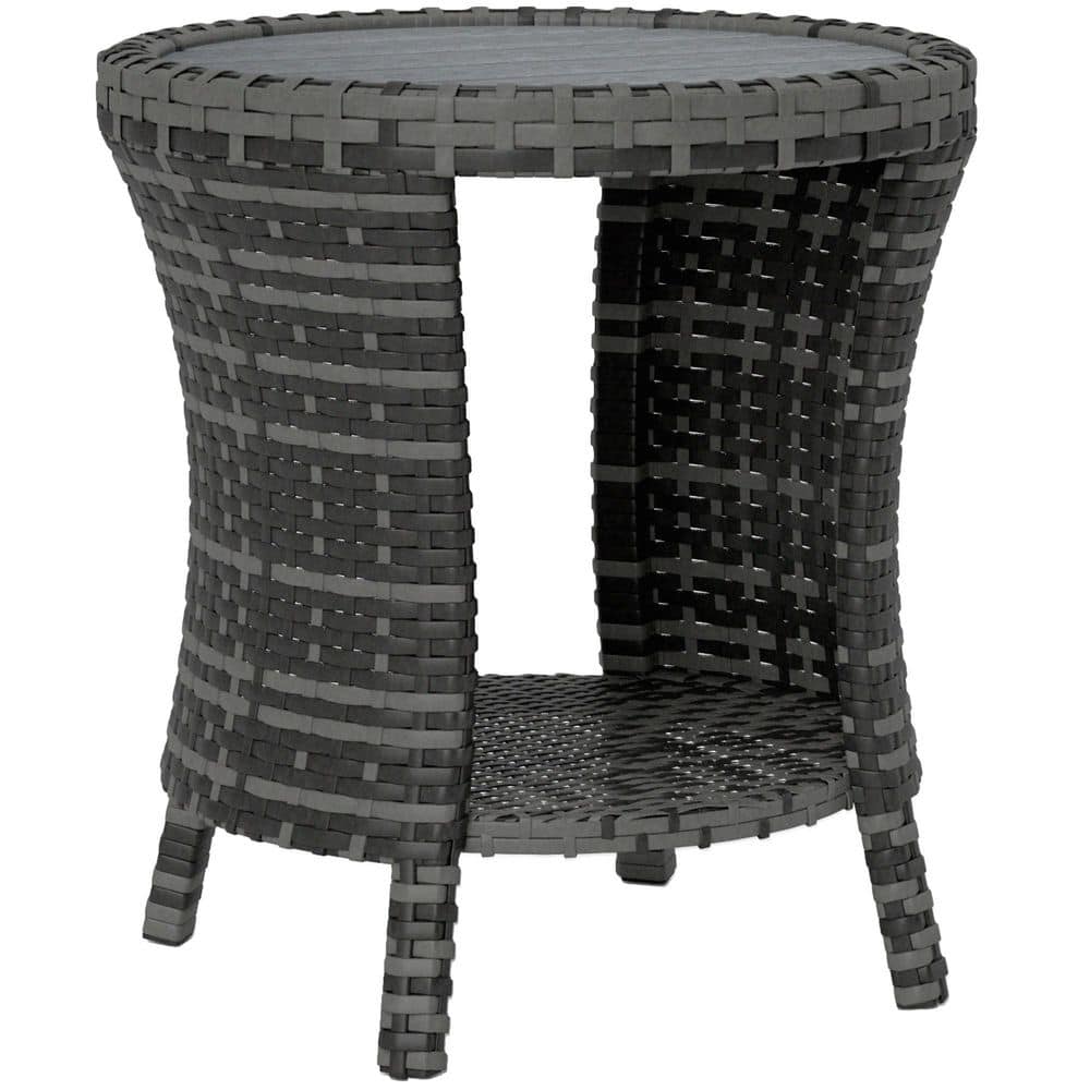 Gray Round 18 in. Wicker Outdoor Coffee Table, 2-Tier Patio Side Table with