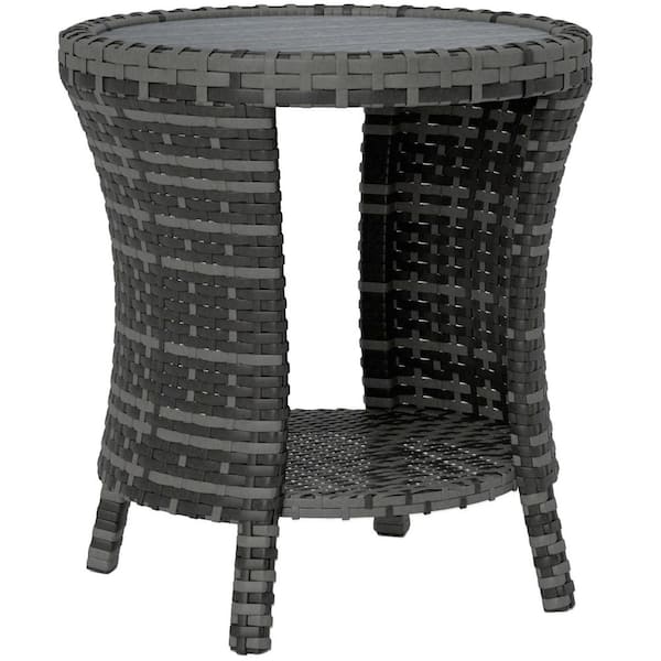Outsunny Gray Round 18 in. Wicker Outdoor Coffee Table, 2-Tier Patio Side Table with Storage, PE Rattan Outdoor Coffee Table