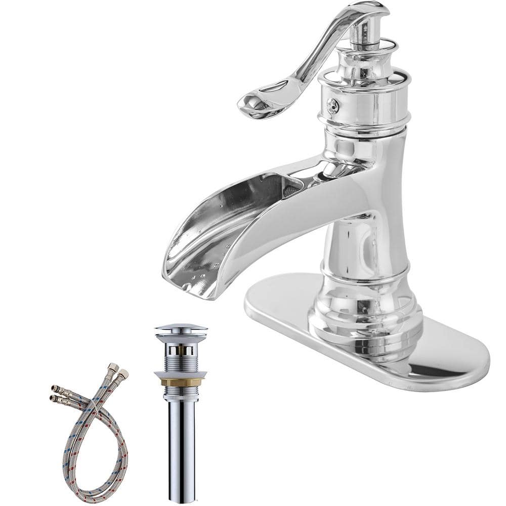 Waterfall Single Hole Single-Handle Low-Arc Bathroom Faucet With Pop-up Dra