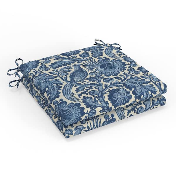 Pillow Perfect Floral 20 in W x 3 in H Square Outdoor Chair Seat Pad with Ties 2-Count in Tucker Resist Indigo