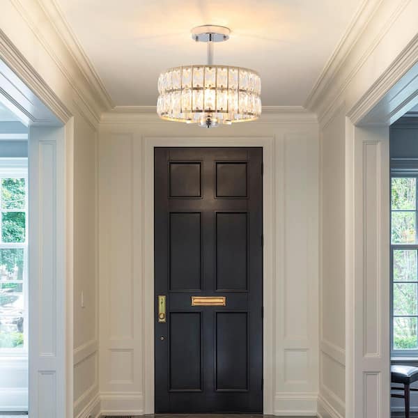 12.59 in. 3-Light Chrome and Golden Round Drum Semi-Flush Mount Light with Clear Crystal Shade and No Bulbs Included