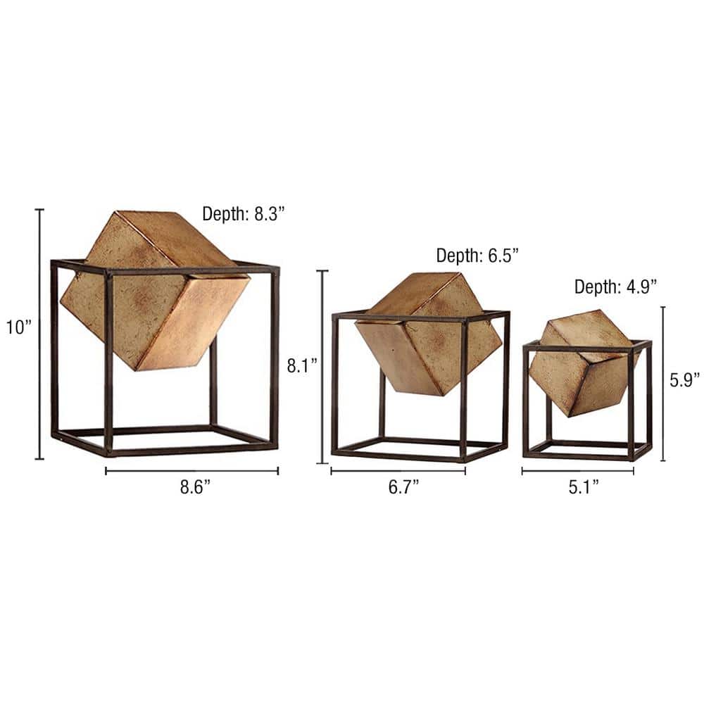 Gold and Black Metal Geometric Cube Decor Set, 3-Piece