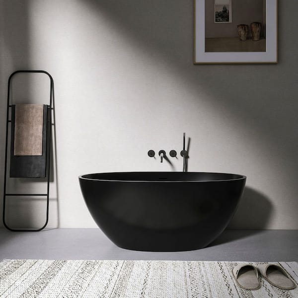 Moray 55 in. x 31 in. Solid Surface Stone Resin Flatbottom Freestanding Bathtub Soaking Bathtub in Matte Black