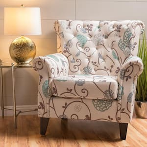 Merritt White/Blue Floral Fabric Club Chair with Tufted Cushions (Set of 1)