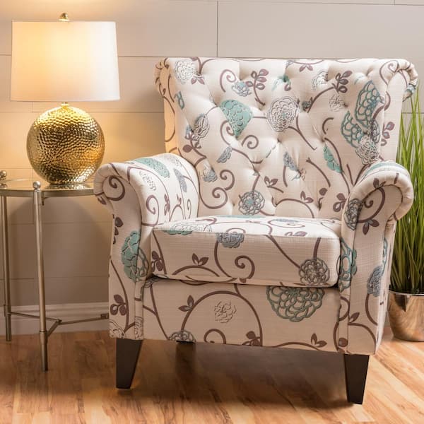 Noble House Merritt White/Blue Floral Fabric Club Chair with Tufted Cushions (Set of 1)