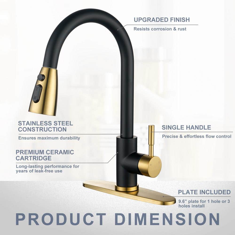 Black and Gold Stainless Steel Pull Down Kitchen Faucet with Sprayer