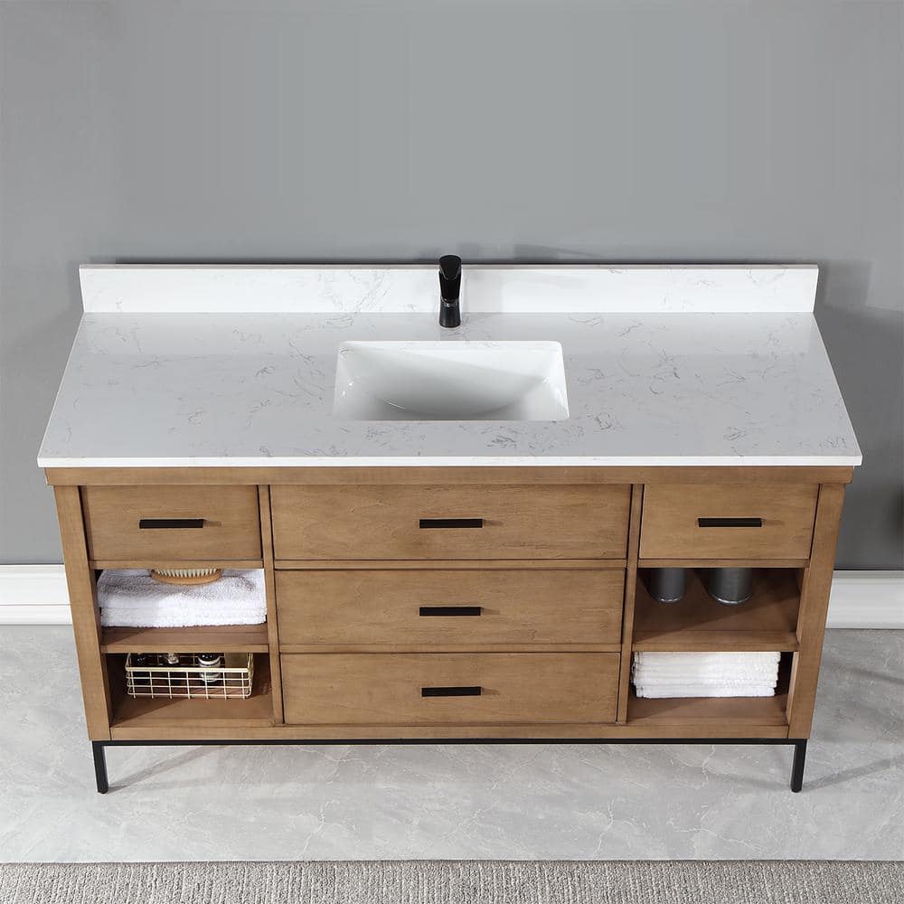 Kesia 60" Brown Pine Vanity with White Stone Countertop