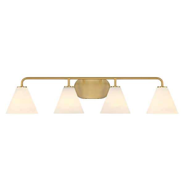 Savoy House Blair 35 in. W x 8 in. H 4-Light Warm Brass Transitional Bathroom Vanity Light with White Strie Glass Shades