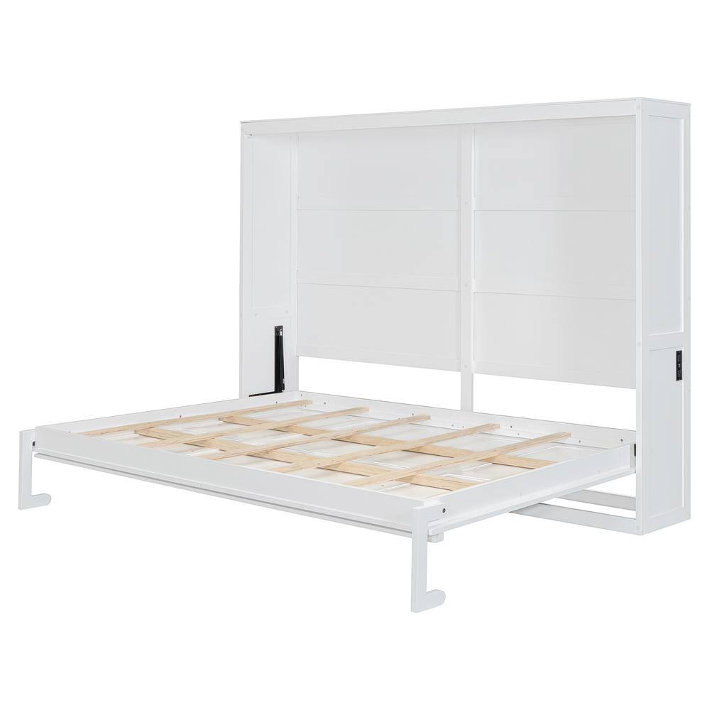 White Wood Frame Queen Size Murphy Bed with Rattan Design