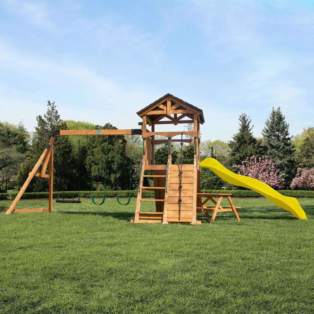 Endeavor II Cedar Wood Swing Set with Yellow Slide and Picnic Table