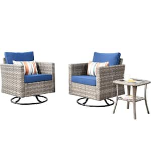 Tahoe Grey 3-Piece Wicker Outdoor Patio Conversation Swivel Rocking Chair Set with a Side Table and Navy Blue Cushions