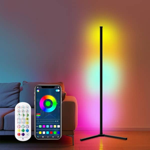 56 in. Black L-Shaped Smart Dimmable Standard Floor Lamp for Living Room, RGB Bluetooth Corner Light 1-Pack