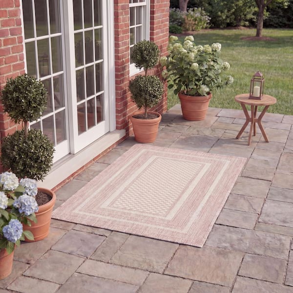 Courtyard 3 ft. x 5 ft. Ivory/Pink Solid Color Striped Indoor/Outdoor Area Rug