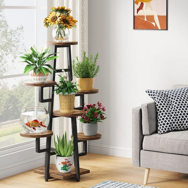 Wellston 43.3 in. Rustic Brown Rectangle Wood Indoor Plant Stand with 7 Tier, Tall Plant Shelf Corner Plant Pots Holder