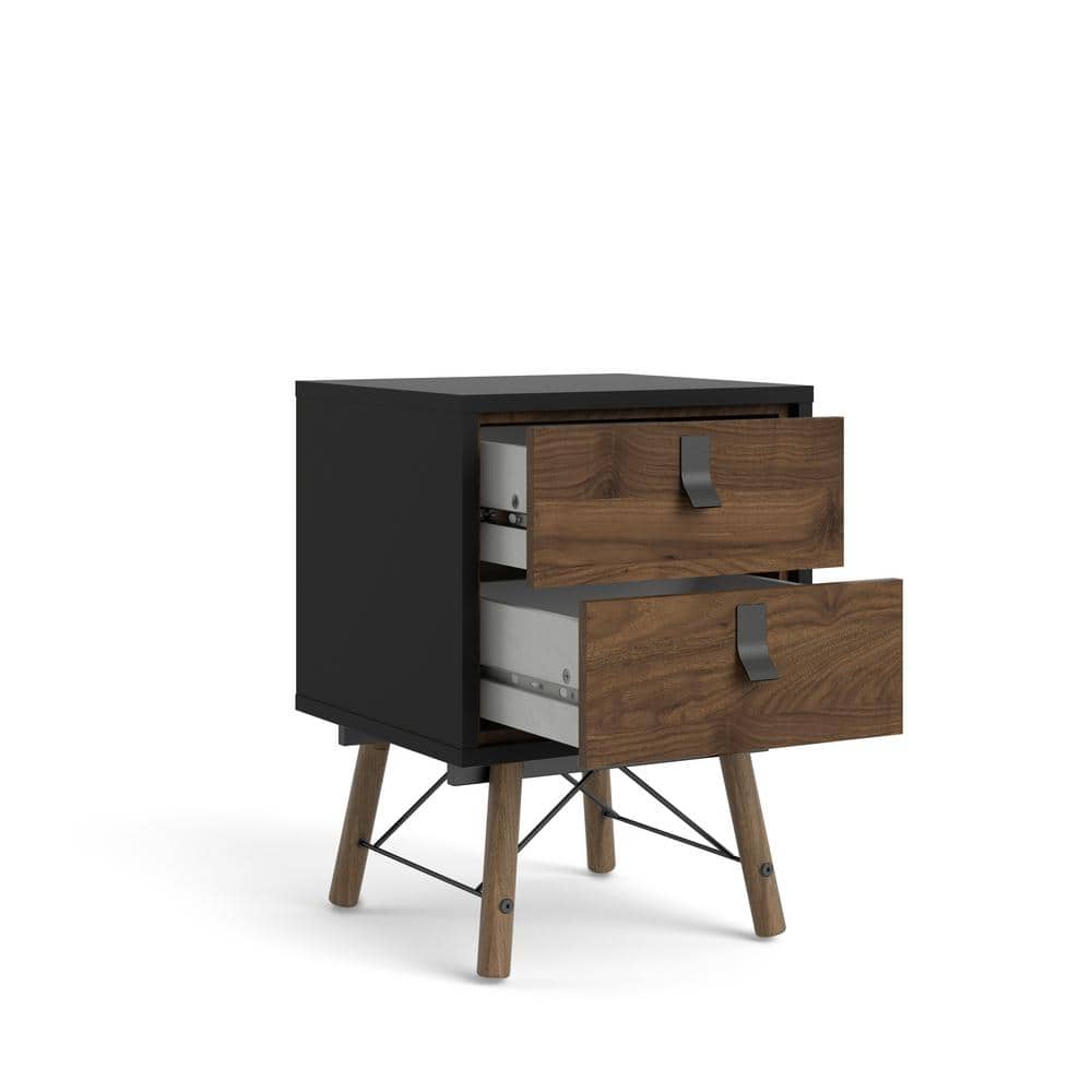 Ry Black Matte and Walnut 2-Drawer Nightstand