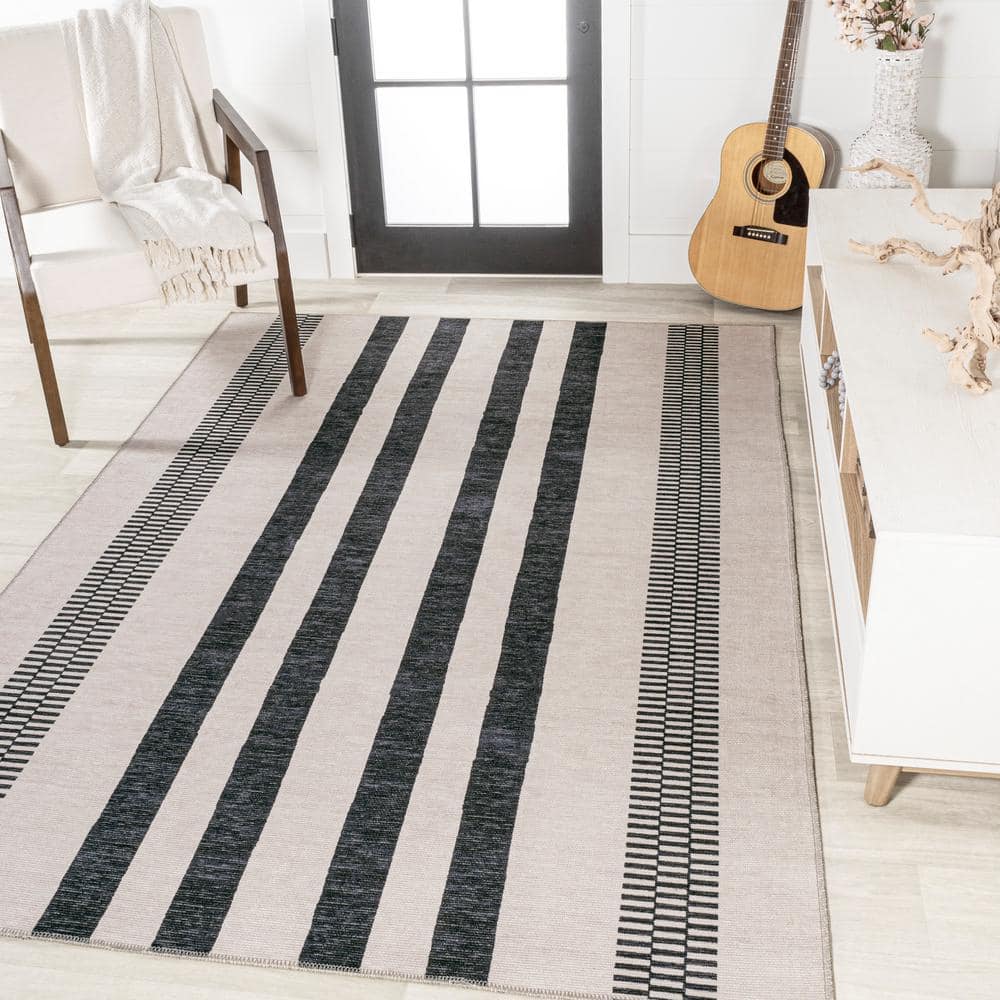 Modern Handcrafted Cream/Black Stripe Synthetic 9' x 12' Area Rug