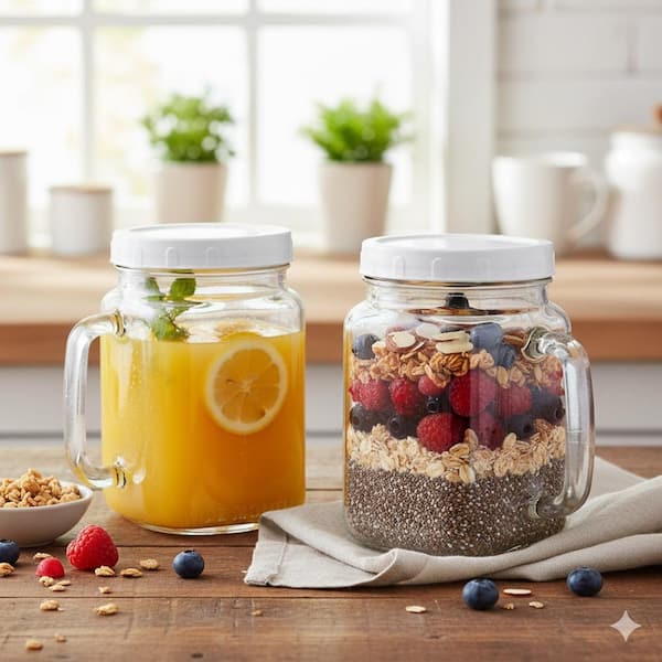 2-Piece Airtight Wide Mouth Large Mason Glass Jar with Lid Handle Clear Markings Food Storage Container Set
