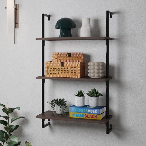 happimess Madera 40.55 in. Tall Classic Industrial 3-Shelf Wood Wall-Mounted Open Ladder Bookcase with Metal Frame, Brown/Black