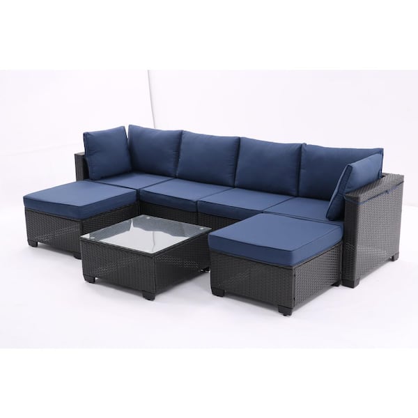 Zeus & Ruta 7-Piece Dark Coffee Wicker Outdoor Sectional Set with Corner Chairs Ottomans Glass Top Table and Navy Blue Cushions