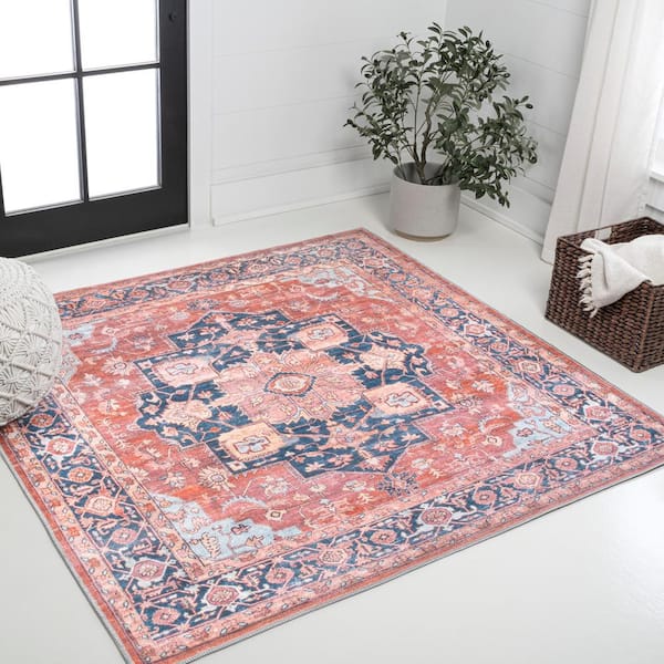 Maris Ornate Terracotta/Navy 8 ft. Medallion Machine-Washable Square Area Rug