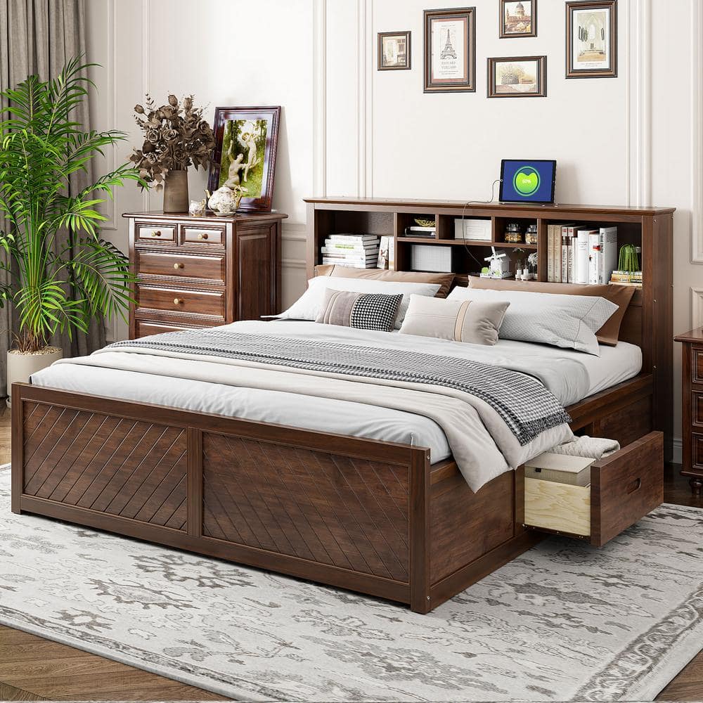 Antique Wood (Brown) Wood Frame King Size Platform Bed with 2-Drawers, Storage Headboard Including Shelves and USB, image size:1000x1000