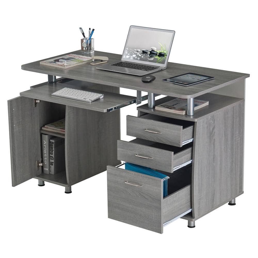 Gray Rectangular Workstation Desk with Storage and Keyboard Tray