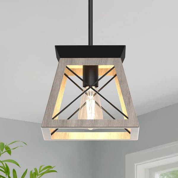 1-Light Farmhouse Wood Grain Finish Pendant Light with Iron Shade and Light, E26 Base Hanging Fixture for Kitchen