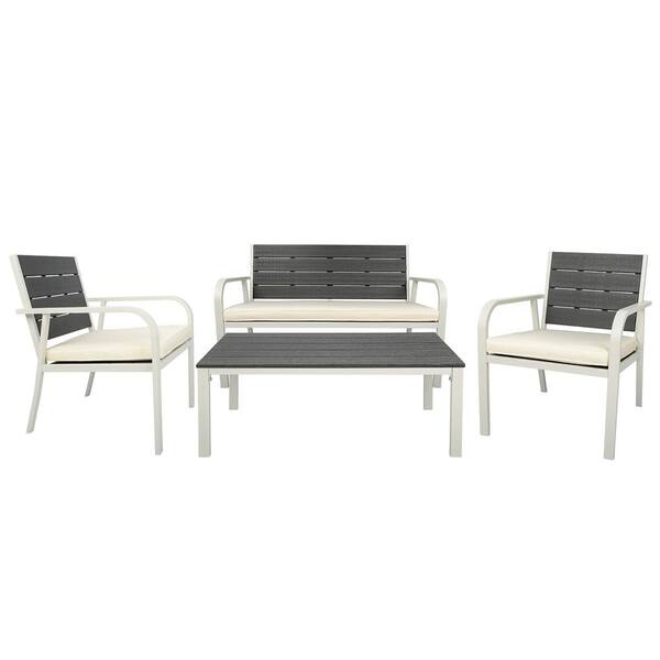 Unbranded 4 Piece Metal Outdoor Patio Garden Sofa Conversation Set Sectional Sofa Set Patio Furniture Set with Cushions White