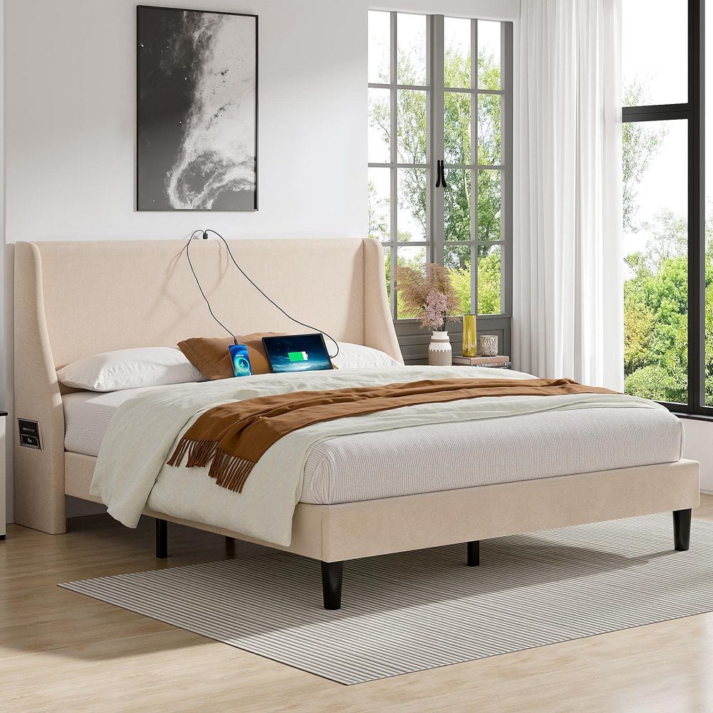 Upholstered Bed Frame with Headboard and Wingback, Beige Queen Size Bed Frame, Platform Bed with USB, and Type-C Ports - thumbnail 4