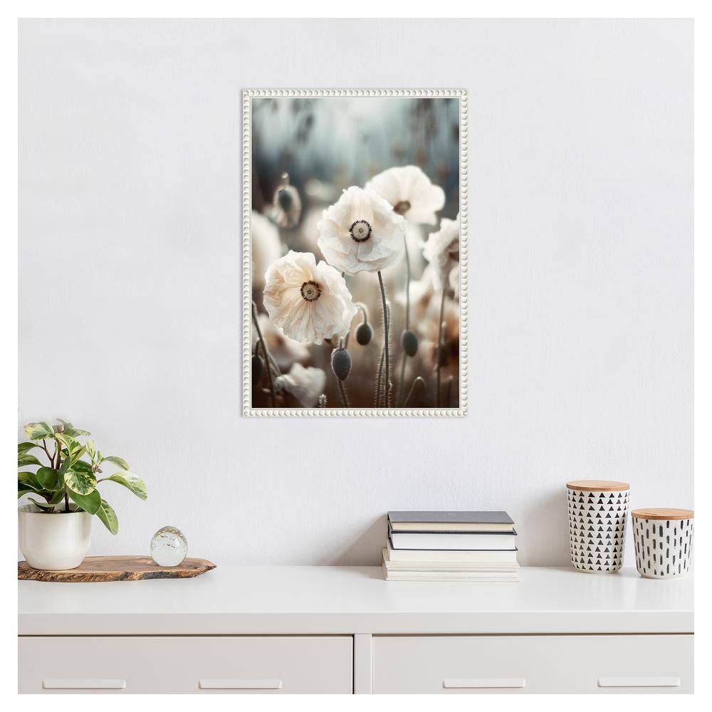 White Poppy Field Beaded Framed Canvas Wall Art