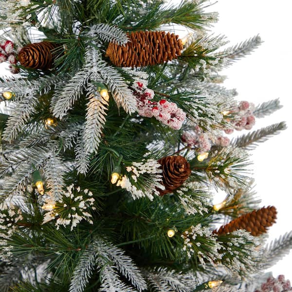 Nearly Natural 50in. Frosted Swiss Pine Artificial Christmas Tree with 100 Clear LED Lights and Berries in White Planter