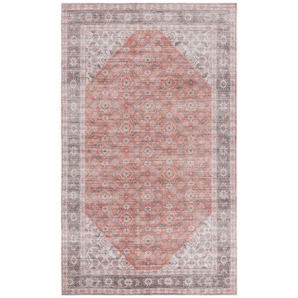 Arizona 6 ft. x 9 ft. Rust/Olive Machine Washable Distressed Ornate Border Area Rug