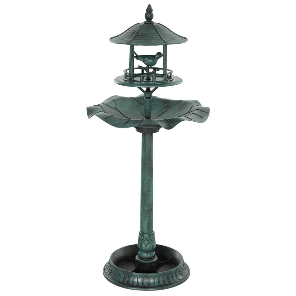 20 in. Green PP 3-in-1 Garden Bird Bath Bowl Pedestal with Bird Feeder, Lar