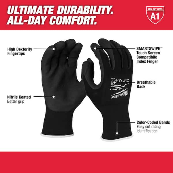 Black Cut Level 1 Nitrile Dipped Gloves-L