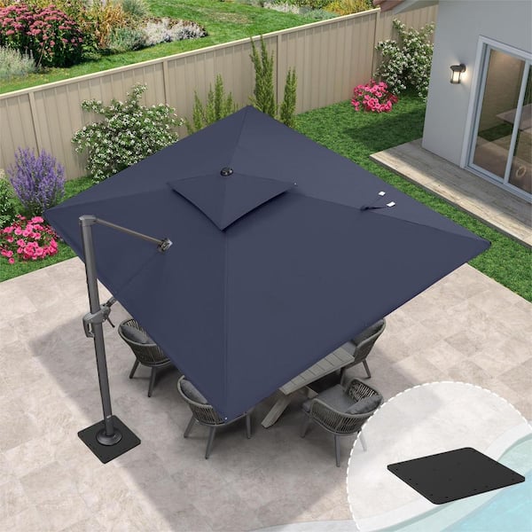 PURPLE LEAF 9 ft. x 12 ft. 2-Tier Aluminum Cantilever 360° Rotation Patio Umbrella with Base Plate, Navy Blue
