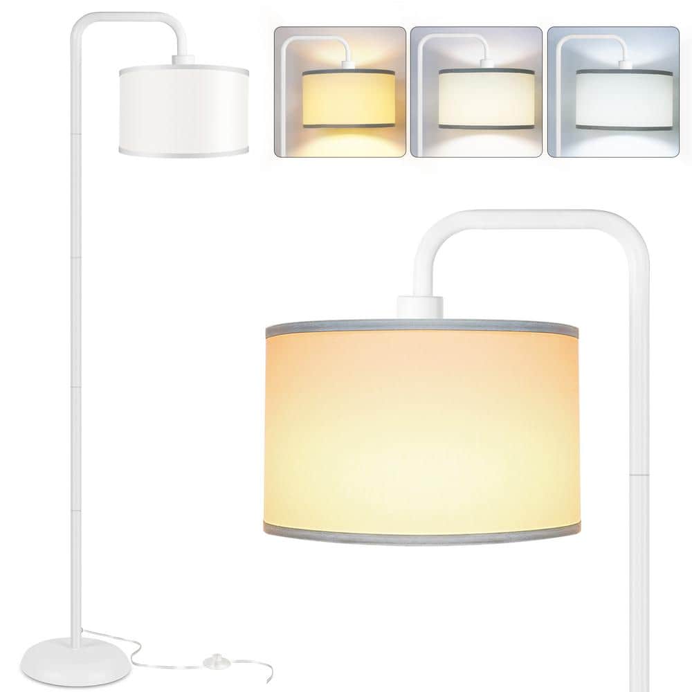 Rottogoon 64.1 in. White Paint Modern Stand Lamp, 1 Bulb 3 Color Temp Arc Floor Lamp for Living Room with Fabric Shade Footswitch PAFP058AW1