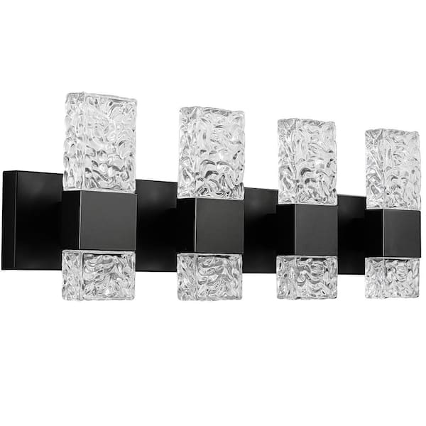 KAISITE 28.3 in. 4-Light Black LED Vanity Light with Crystal Glass 40-Watt Bathroom Light Fixture