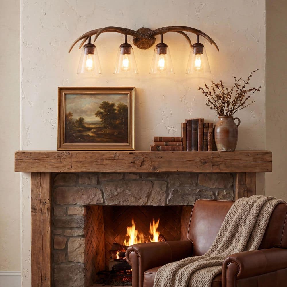 Wyatt 32.5 in. 4-Light Southwestern Bohemian Resin/Seeded Glass Faux Antler LED Brown Wood Finish Vanity Light price history on PriceWatchPro
